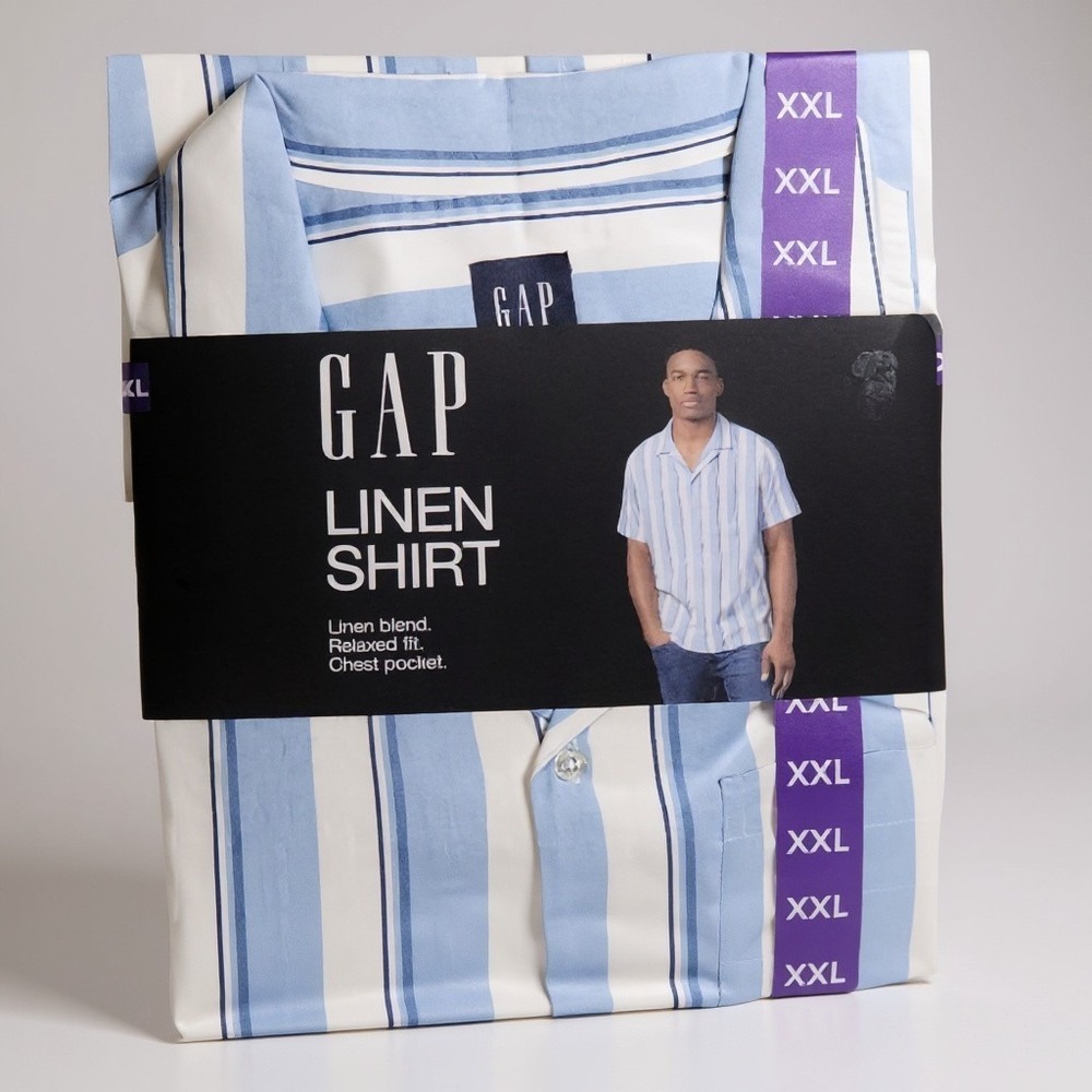 Gap Men XXL Blue Linen Blend Shirt Short Sleeve Striped Coastal Beach NWT